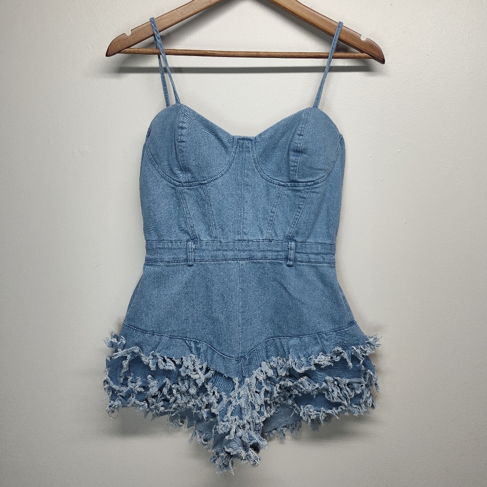 Kaylee Kollection Denim Romper Women Size S Blue Lined Adjustable Straps Fringe